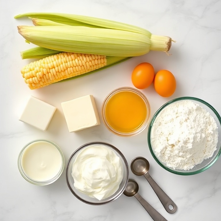 Fresh sweet corn, butter, heavy cream, eggs, flour, measured in bowls and on white marble