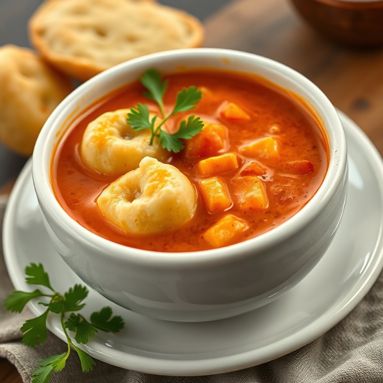 One perfect serving of creamy tomato soup with cheddar bay dumplings. Garnished with fresh parsley. Close crop, food fills 90% of frame. Warm side lighting showing texture. Photorealistic food photography.
