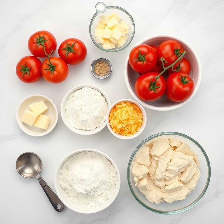 Overhead flat lay of raw ingredients. Tomatoes, butter, flour, cheddar cheese, and dumpling mix. Prep bowls and measuring tools visible. White marble surface. Bright even light. Photorealistic food photography.