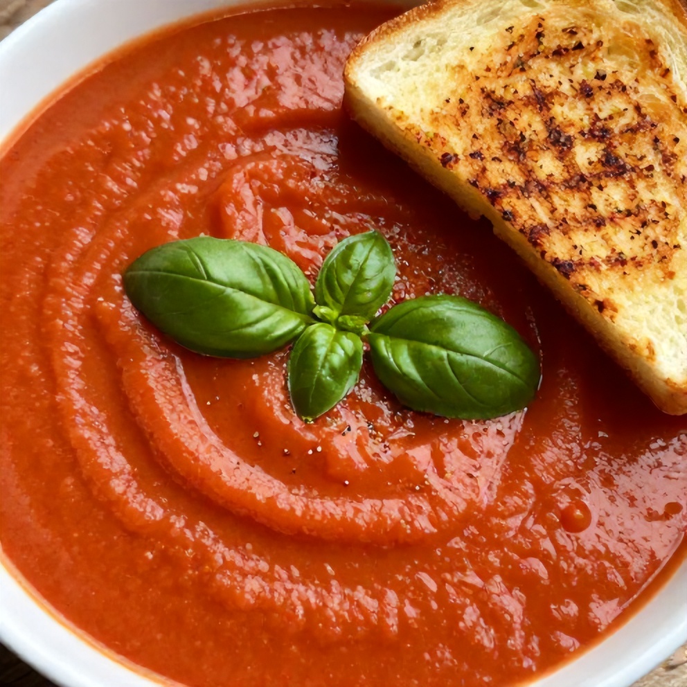 Bowl of creamy tomato soup with a sprinkle of basil and a side of grilled cheese