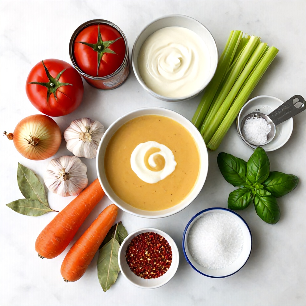 Raw ingredients for creamy tomato soup on a wooden surface