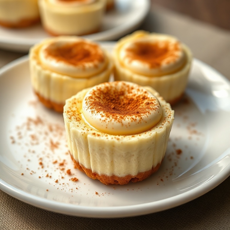 One perfect plated serving of creamy vanilla bean crème brûlée cheesecake cups. The garnish is a sprinkle of cinnamon. The dish is on a white ceramic plate. Close crop showing the textures of the cheesecake and caramelized sugar. Warm side lighting highlights the richness. Photorealistic food photography style.