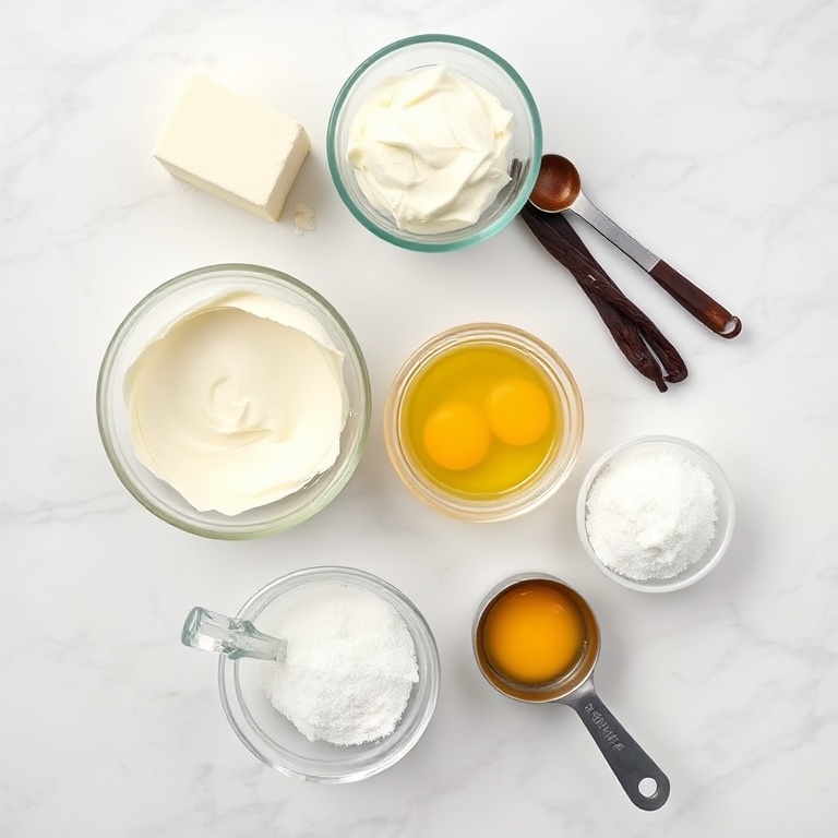 Overhead flat lay of the raw ingredients for creamy vanilla bean crème brûlée cheesecake cups. The most visually prominent ingredients are cream cheese, heavy cream, sugar, vanilla beans, and egg yolks. Prep bowls and measuring spoons are visible. White marble surface with bright even light. Photorealistic food photography style.