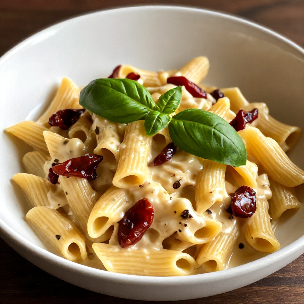 Plated creamy vegan sun dried tomato pasta with fresh basil
