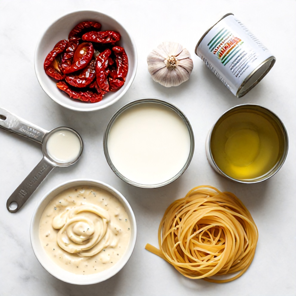 Raw ingredients for creamy vegan sun dried tomato pasta on a marble surface