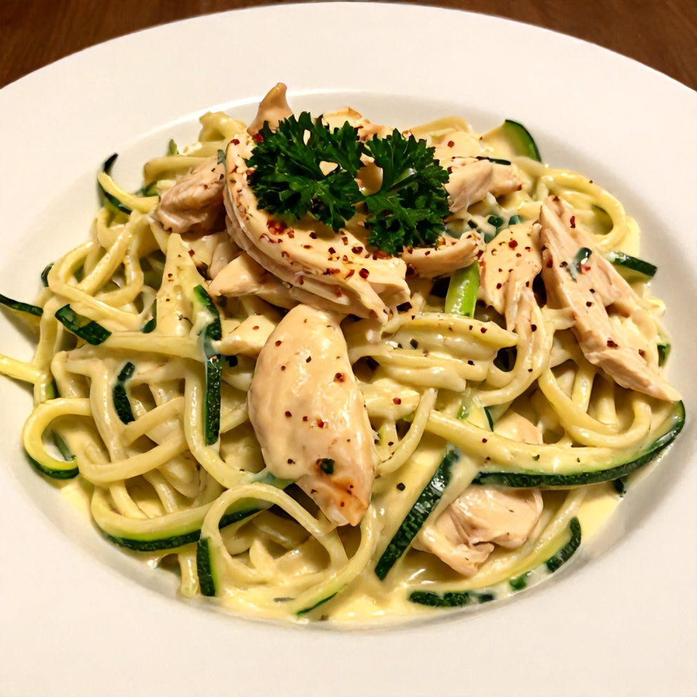 Plated creamy zucchini noodle chicken alfredo with parsley garnish