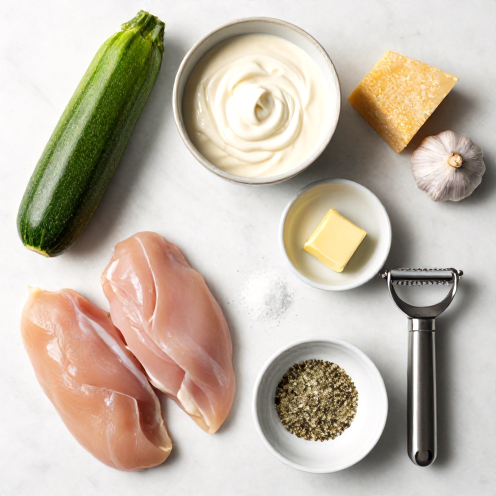 Raw ingredients for creamy zucchini noodle chicken alfredo on a marble surface