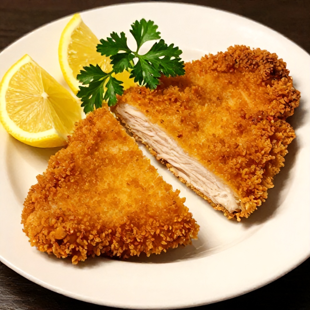 Plated air fryer chicken cutlets with lemon wedges