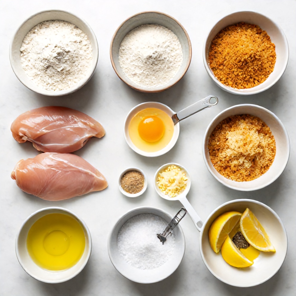 Raw ingredients for air fryer chicken cutlets on a marble surface