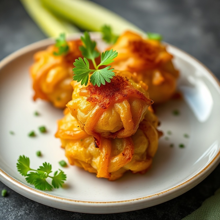 One perfect plated serving of Crispy Air Fryer Mini Blooming Onions. Topped with fresh parsley. Close crop. Warm side lighting showing texture. Photorealistic food photography style.