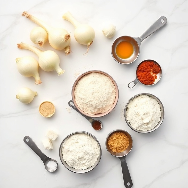 All raw ingredients for Crispy Air Fryer Mini Blooming Onions arranged in an overhead flat lay. Onion bulbs, flour, egg, breadcrumbs, and spices visible. Measuring spoons and cups. White marble surface. Bright even light. Photorealistic overhead food photography.