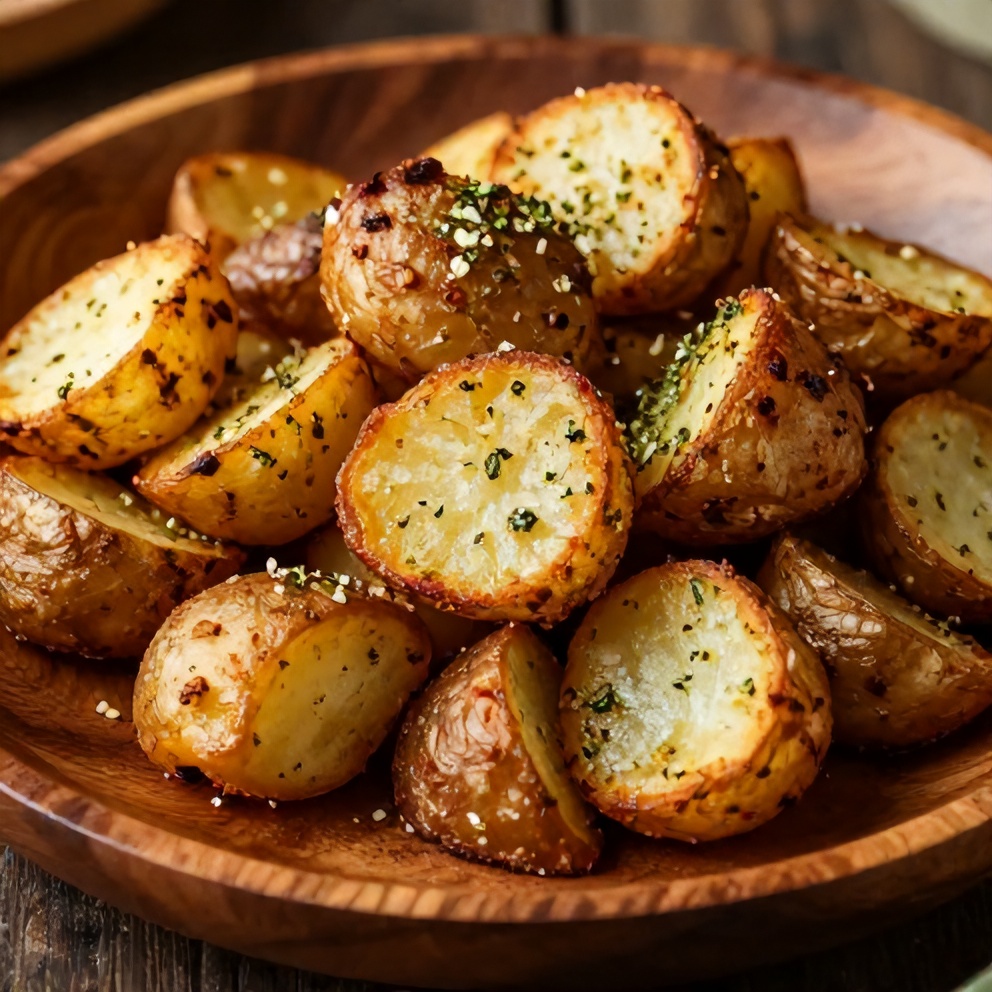 Plated serving of Crispy Air Fryer Smashed Potatoes with garlic herb seasoning