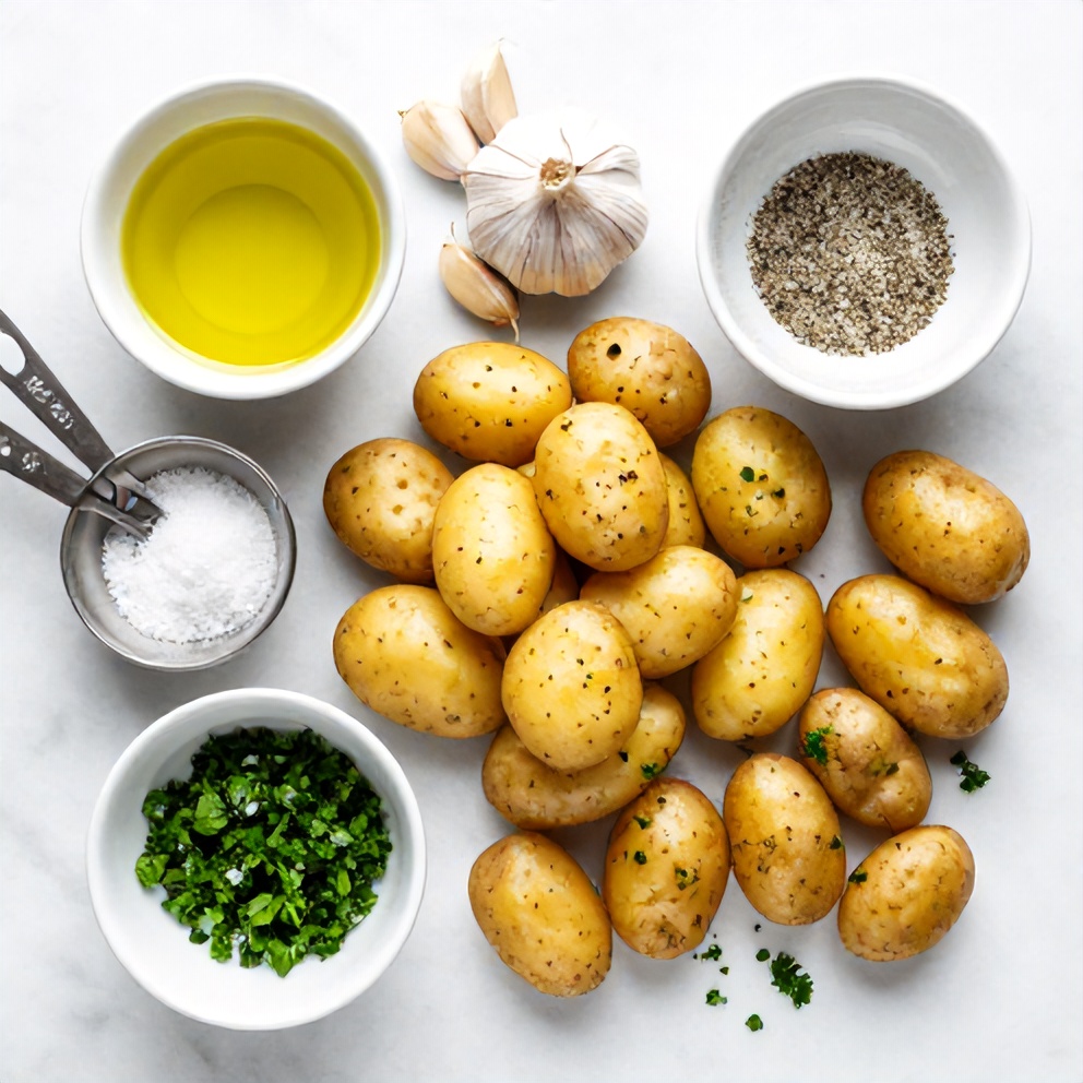 Raw ingredients for Air Fryer Smashed Potatoes: potatoes, olive oil, garlic, salt, pepper, and fresh parsley