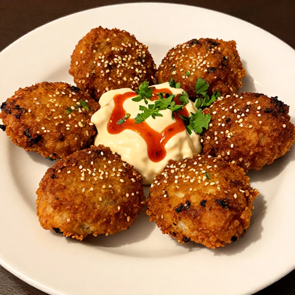 Plated Asian Tuna Cakes with Spicy Sriracha Aioli