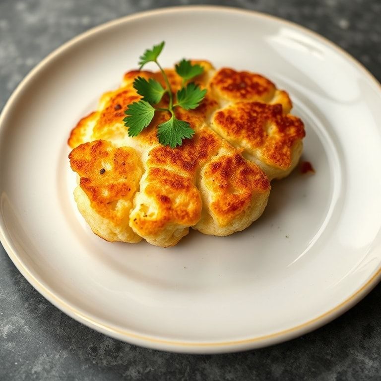 Close-up of plated crispy baked cauliflower steak garnished with fresh parsley on a white plate