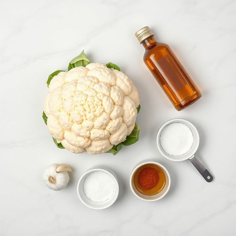 Raw cauliflower head, olive oil, garlic, paprika, salt arranged with measuring spoons on a white marble surface