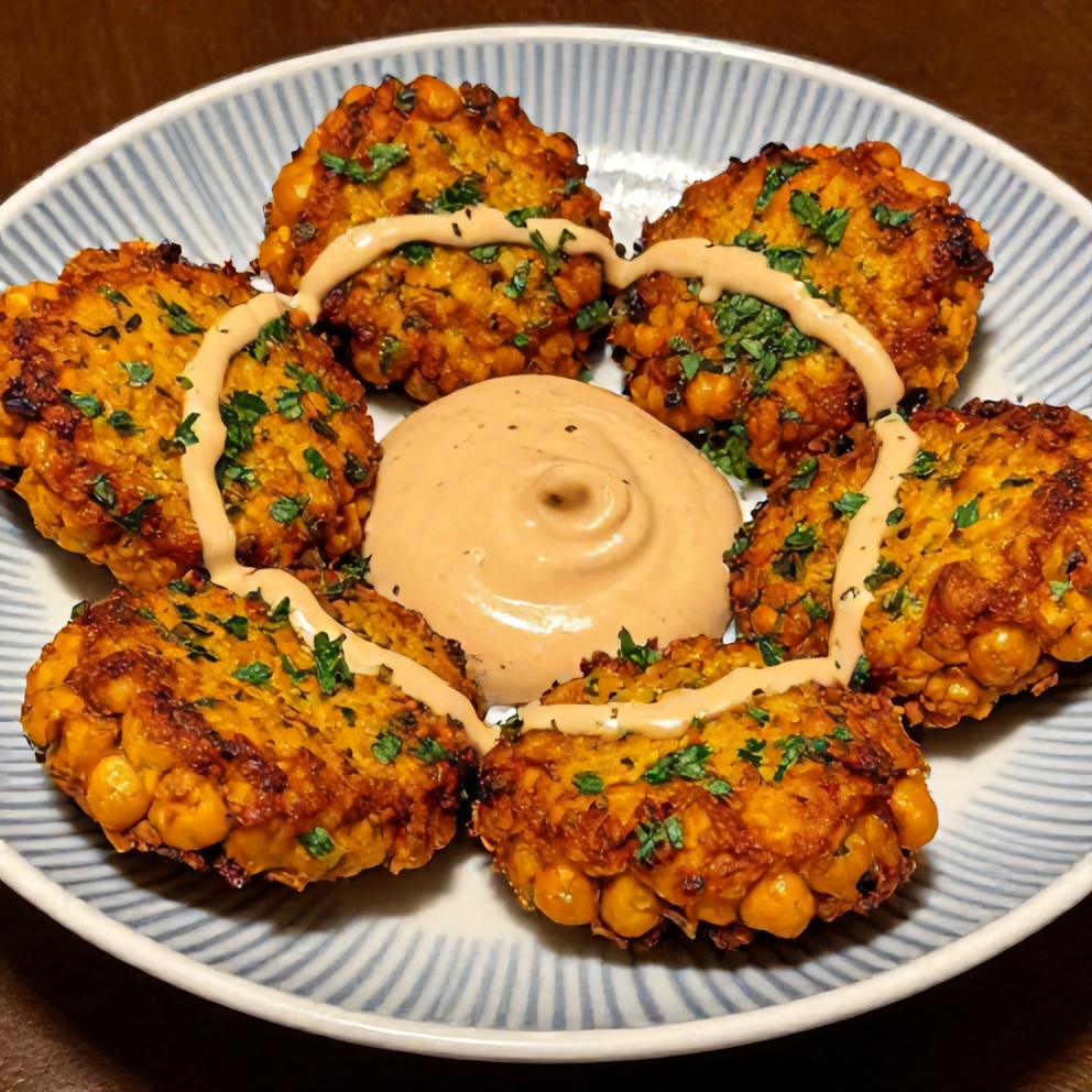 Plated crispy baked chickpea patties with fresh herbs on a white plate