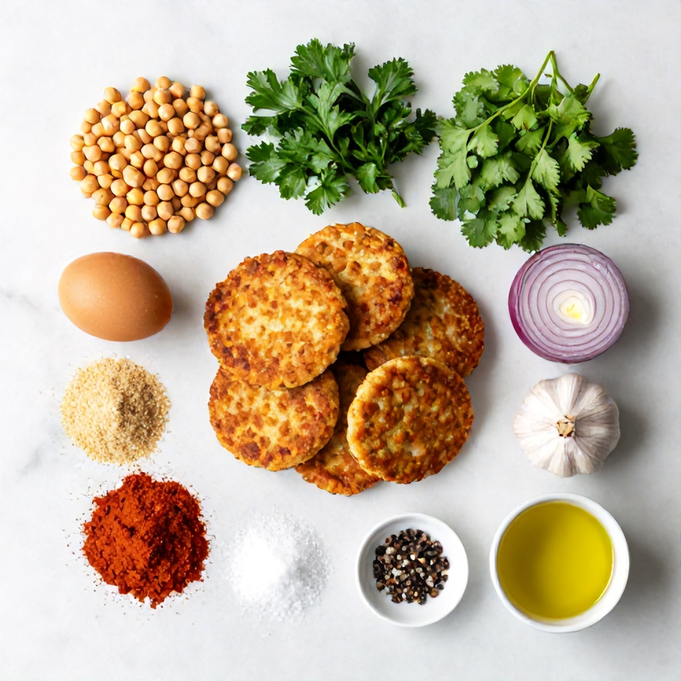 Raw ingredients for crispy baked chickpea patties on a marble surface