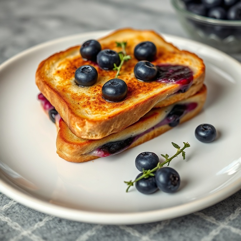 Blueberry grilled cheese on a white plate. Garnished with thyme. Close crop. Warm side lighting. Photorealistic food photography.