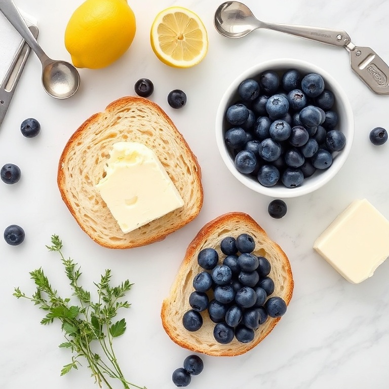 Blueberries, bread, cheese, lemon, thyme, butter. Overhead flat lay. Measuring spoons and bowls visible. White marble surface. Bright even light.