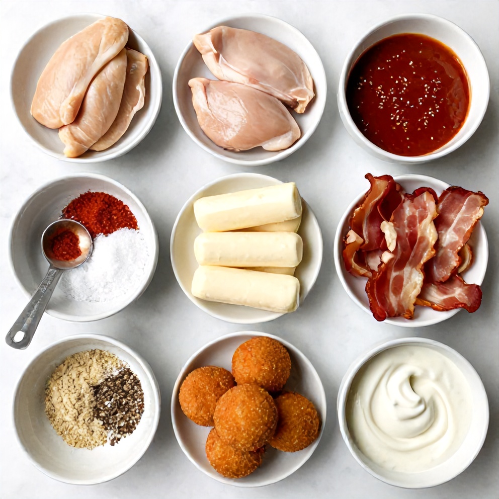 Raw ingredients for Buffalo Chicken Mozzarella Bombs on a marble surface