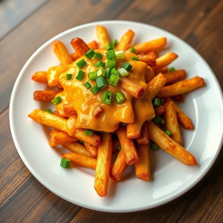 One perfect plated serving of Crispy Cheesy Cajun Voodoo Fries. Topped with chopped green onions. White ceramic plate. Warm side lighting highlighting texture. Photorealistic food photography.