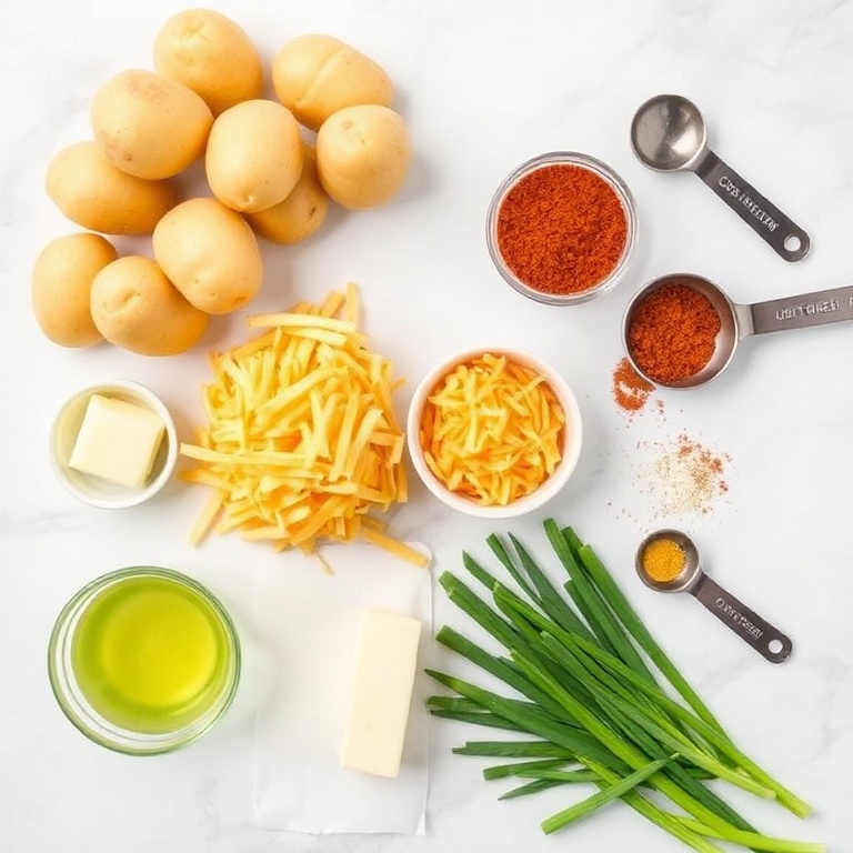 Raw ingredients for Crispy Cheesy Cajun Voodoo Fries arranged in an overhead flat lay. Potatoes, cheddar cheese, cajun seasoning, butter, and green onions visible. Measuring spoons and cups nearby. Bright even light. White marble surface.