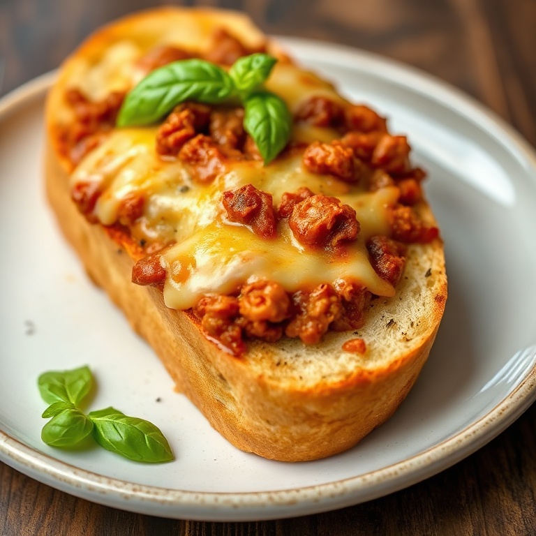 Perfectly plated Cheesy Sloppy Joe Garlic Bread. Garnished with fresh basil. Close-up of crispy edges and melted cheese. Warm side lighting showing texture. Plate filled 90% of frame.