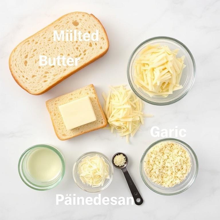 Garlic bread ingredients in an overhead flat lay. Fresh bread, melted butter, shredded cheese, minced garlic, and parmesan. Measuring spoons and bowls visible. Bright even light. White marble surface.