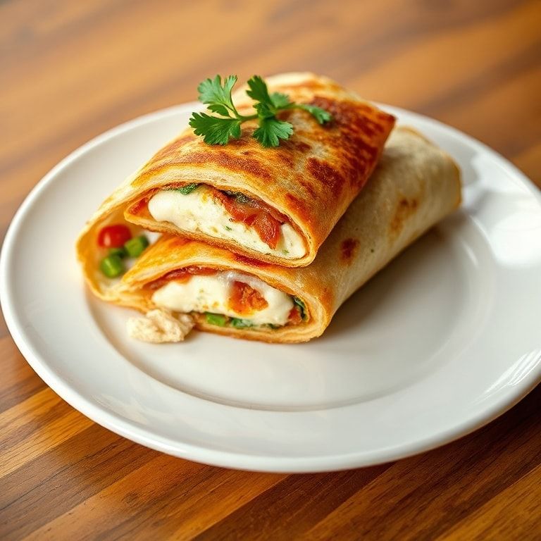 One plated crispy chicken bacon ranch wrap garnished with fresh parsley on white plate with warm side lighting