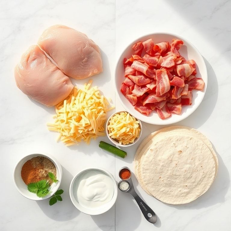 Overhead image of raw chicken breasts, bacon strips, tortillas, ranch dressing, shredded cheese on white marble surface