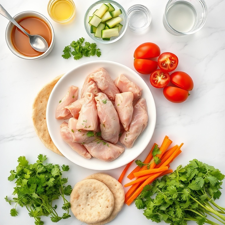 Raw chicken, pita bread, tomatoes, cucumbers, carrots, and shredded lettuce arranged in a flat lay. Measuring spoons and bowls visible.