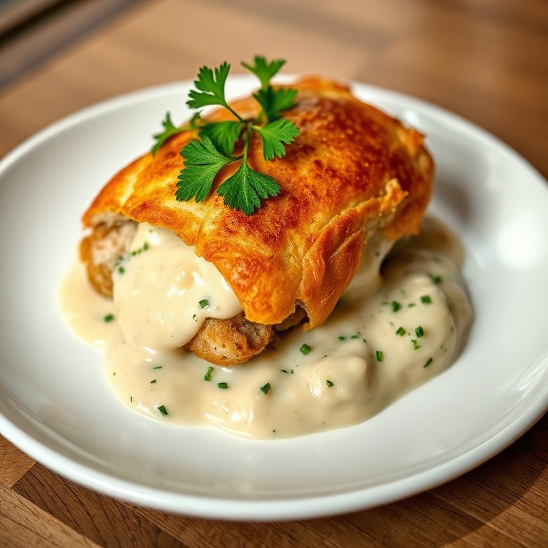 Plated chicken wellington with fresh parsley. Golden crust, creamy sauce, and herbs on a white plate.