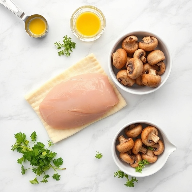 Raw ingredients for chicken wellington: chicken breast, puff pastry, mushrooms, duxelles, Dijon mustard, herbs. Measuring spoons and bowls on white marble surface.