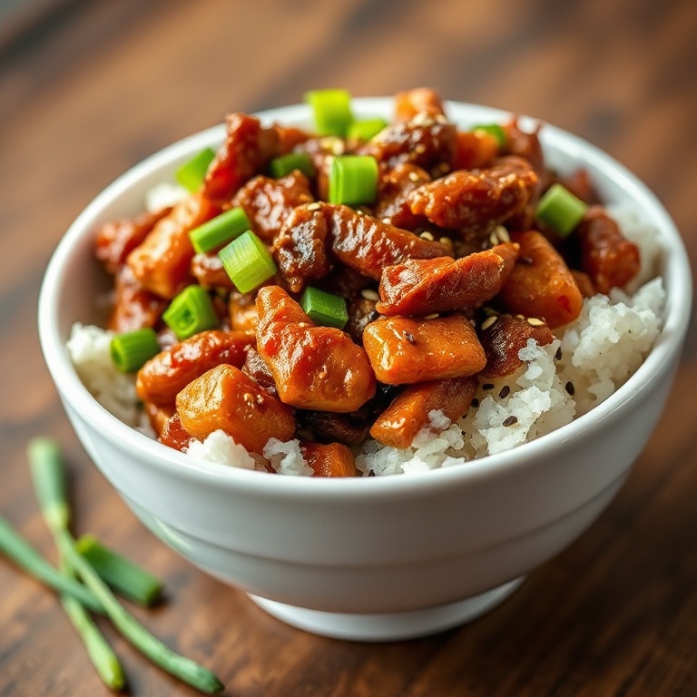 Crispy Chili Beef Stir Fry on a white bowl with green onions and sesame seeds as garnish