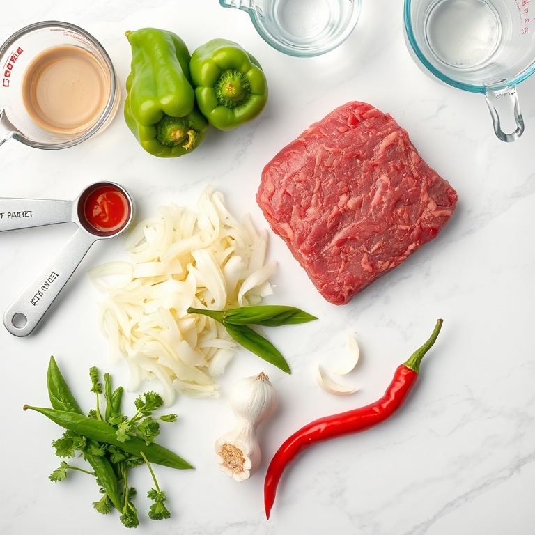 Raw beef, bell peppers, onion, garlic, and chili on a white marble surface with measuring spoons