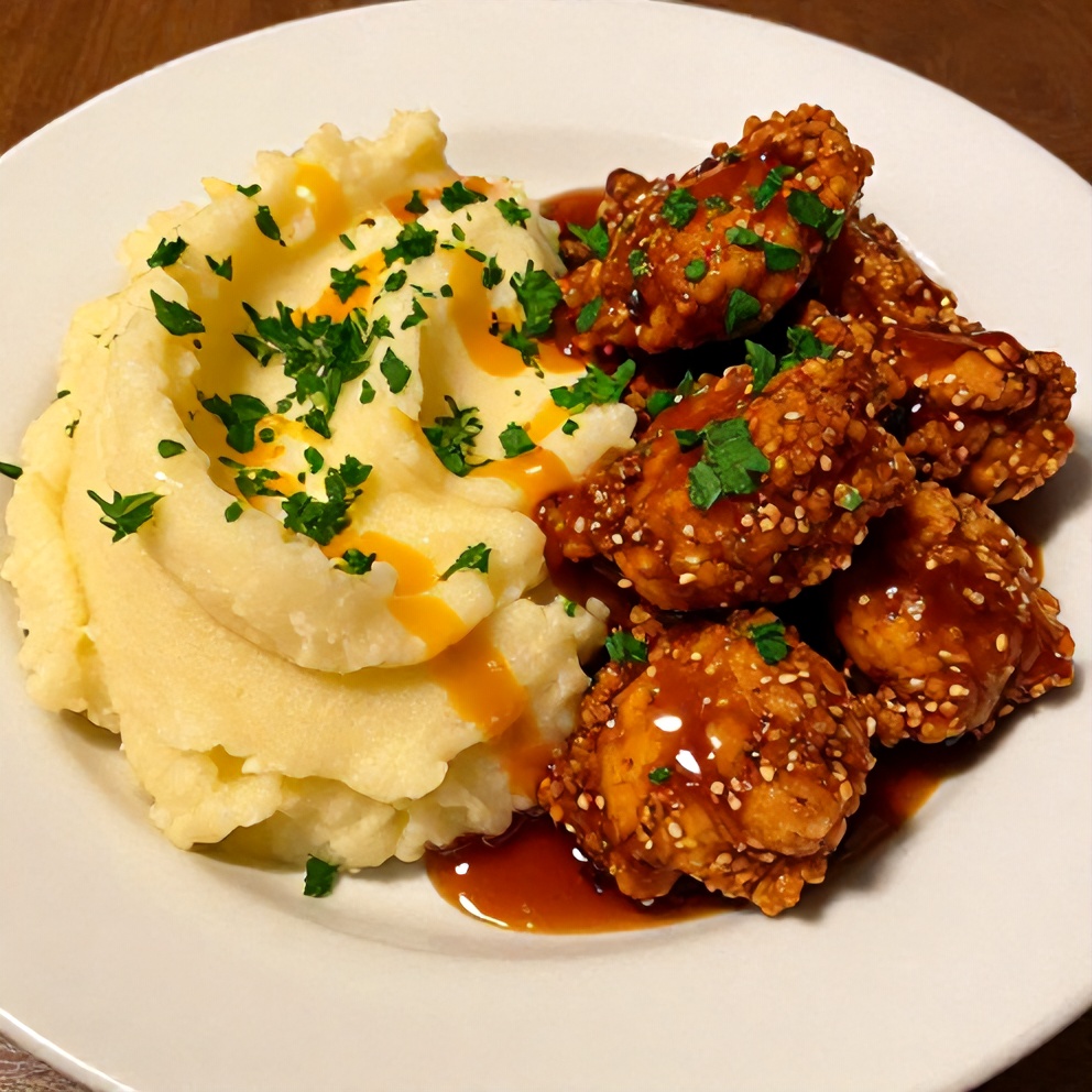 Plated Crispy Chipotle Honey Chicken with Smoked Gouda Mashed Potatoes