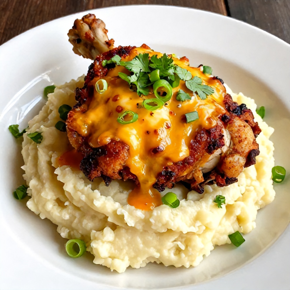 Plated Crispy Chipotle Honey Chicken Thighs with Gouda Mashed Potatoes
