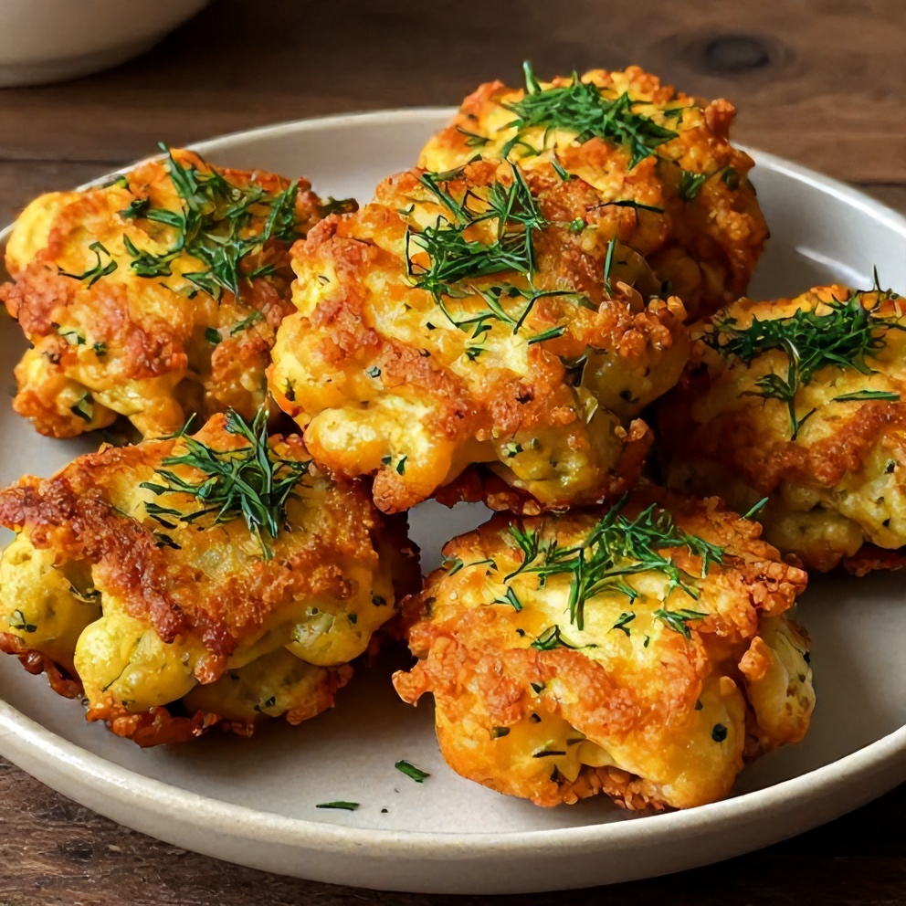 Plate of golden, crispy Dill Pickle Fritters