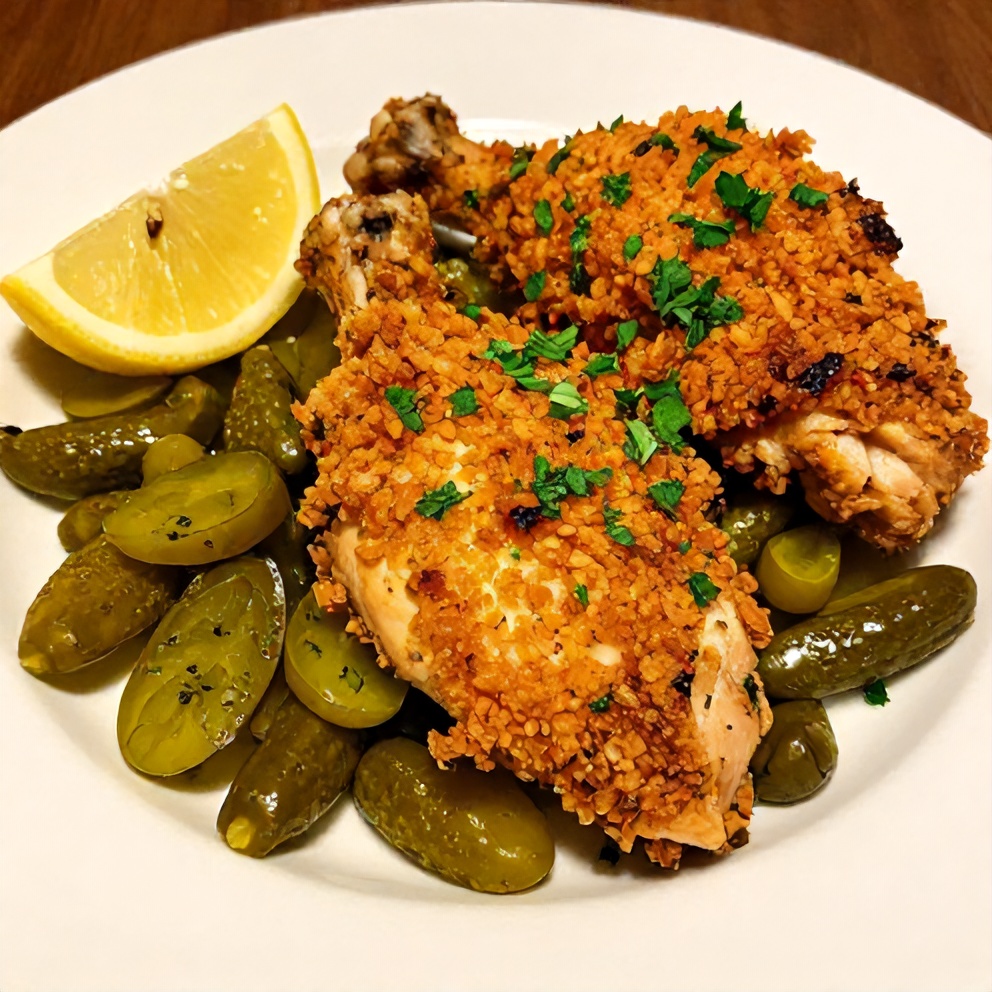 Crispy Dill Pickle Parmesan Chicken with lemon wedge