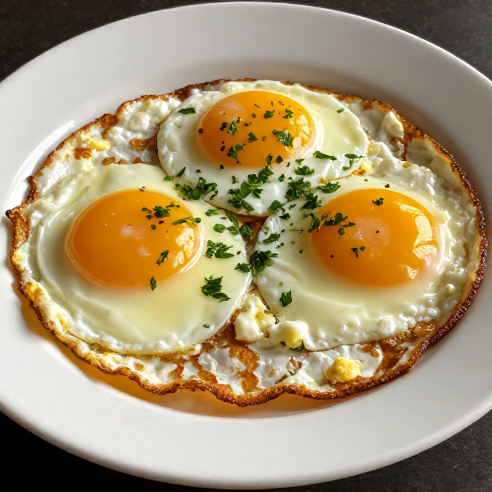 Plated crispy feta fried eggs with a sprinkle of fresh parsley