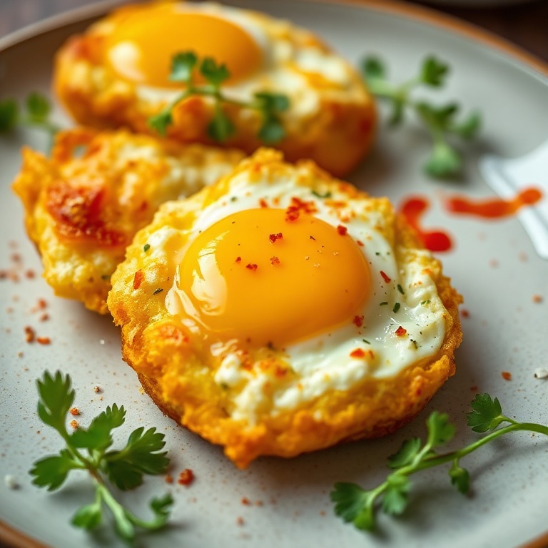 Crispy Feta Fried Eggs plated with fresh herbs and a sprinkle of paprika.