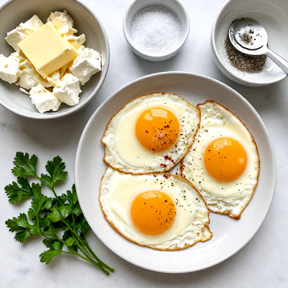 Raw ingredients for crispy feta fried eggs arranged in a flat lay
