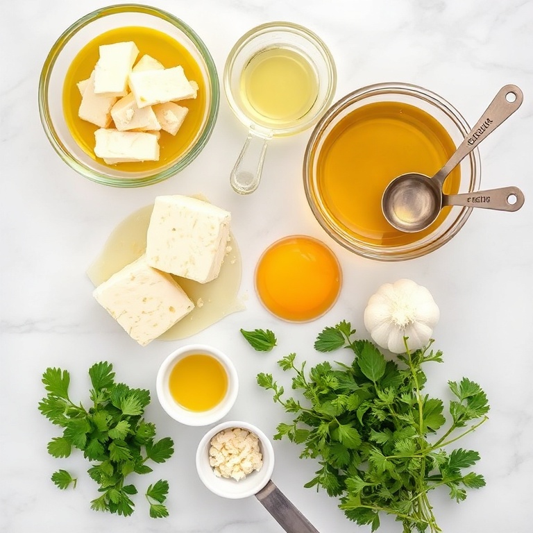Raw ingredients for Crispy Feta Fried Eggs: feta cheese, eggs, olive oil, garlic, and fresh herbs.