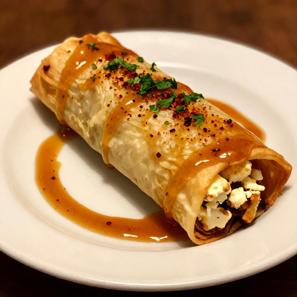 Plated Crispy Feta Phyllo Rolls with Sweet Chili Honey Sauce