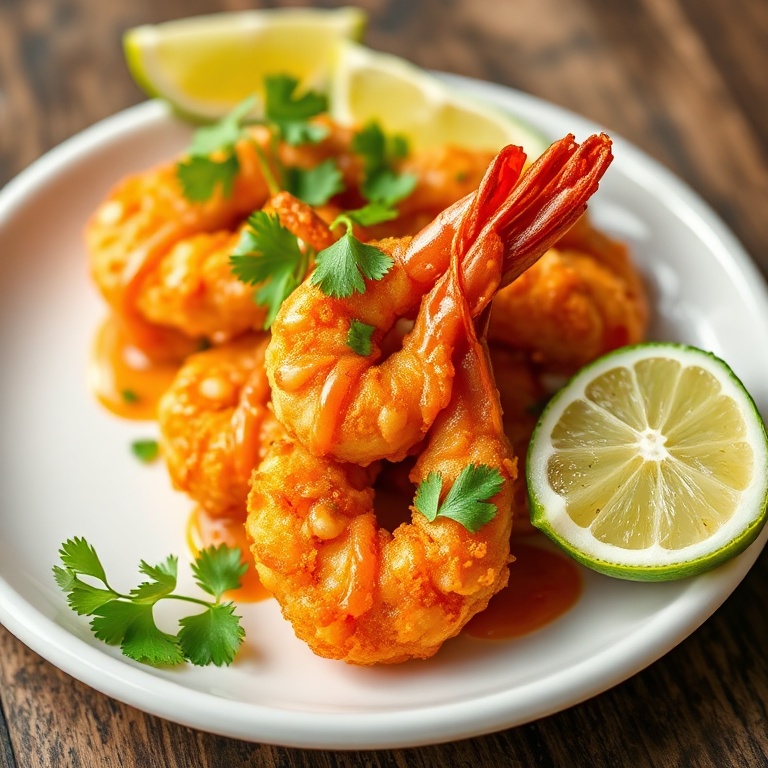 Crispy Firecracker Shrimp on a white plate. Fresh cilantro and lime slices for garnish.