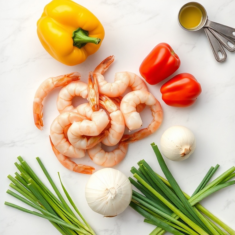 Raw shrimp, bell peppers, green onions, fresh ginger, and mango. Measuring spoons and bowls nearby.