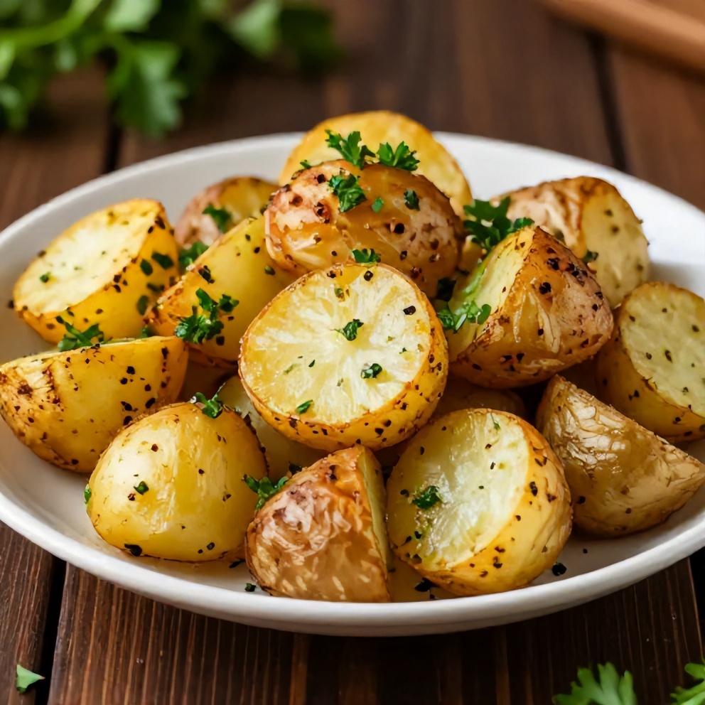 Plated Crispy Greek Lemon Potatoes with fresh parsley