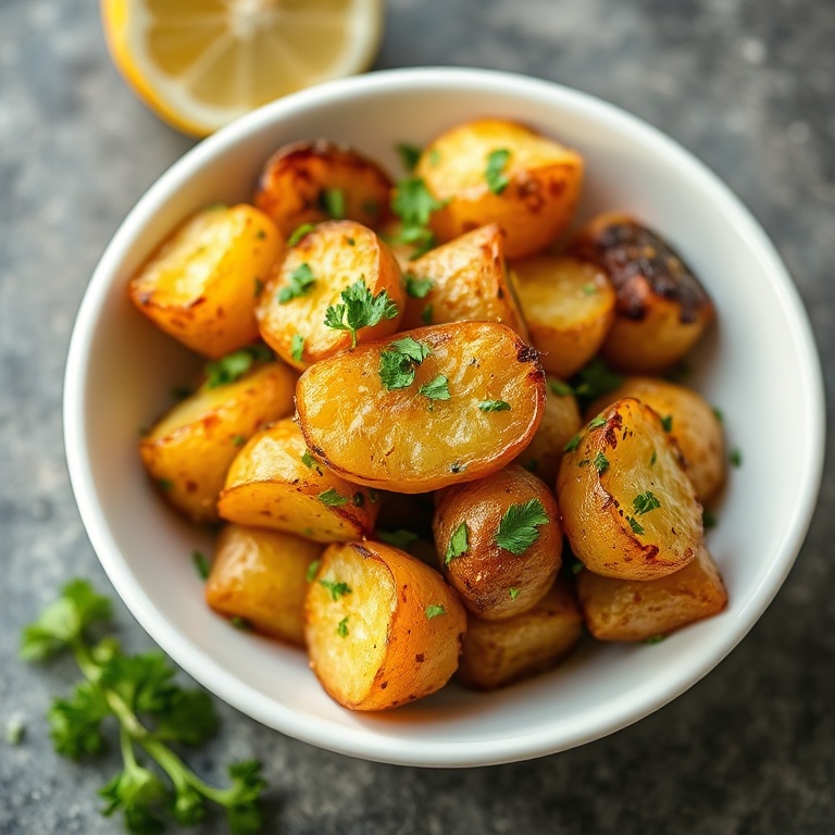 One plated serving of crispy Greek lemon potatoes garnished with fresh parsley in a white ceramic bowl