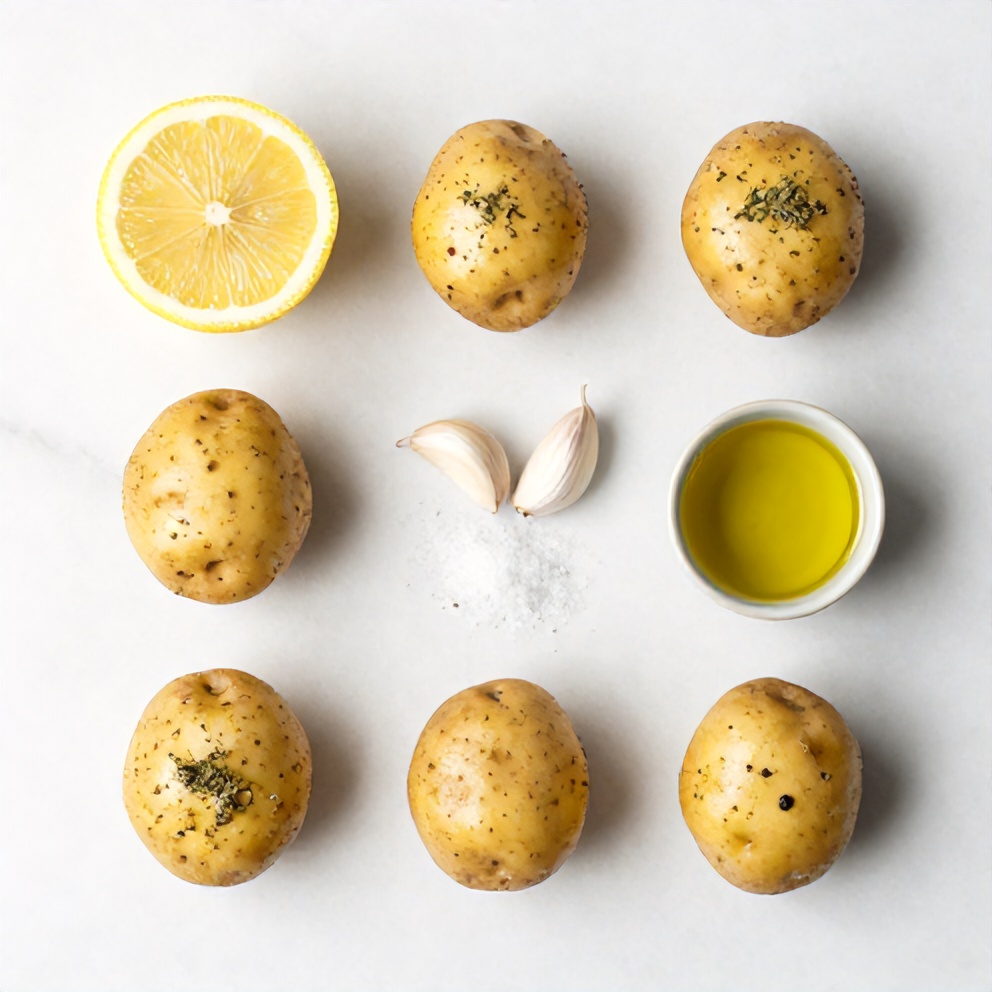 Raw ingredients for Greek Lemon Potatoes on a white marble surface
